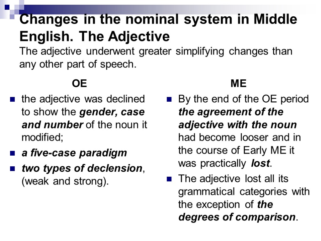 Changes in the nominal system in Middle English. The Adjective The adjective underwent greater